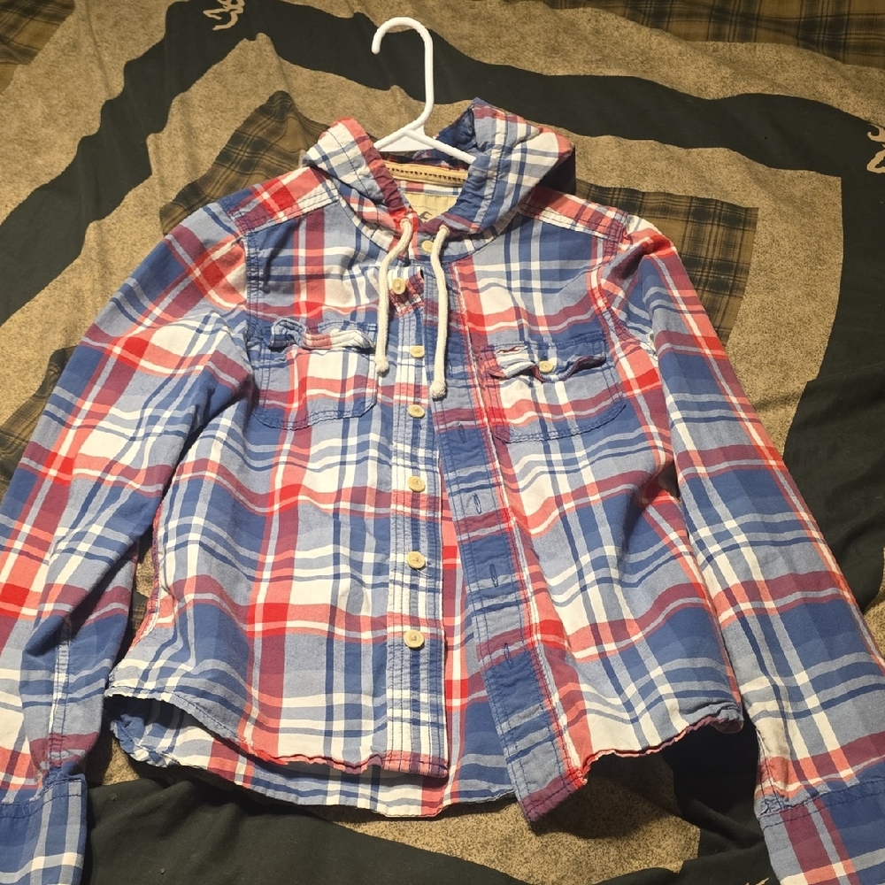 Hollister Vintage Y2k Red and Blue Plaid Hooded Shirt Like Brand New